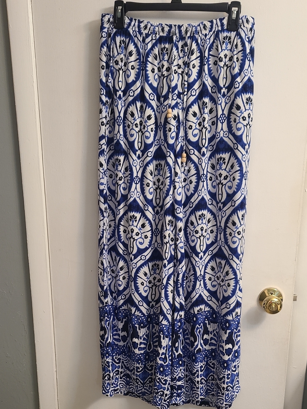 Haute Hippie Women's Bohemian Wide Leg Flowy Beach Resort Pants Blue/white Sz L